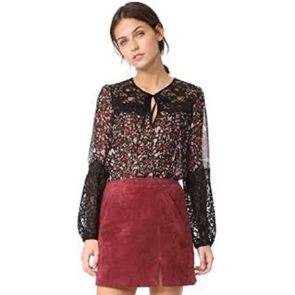 Rebecca Taylor Lyra Lace Blouse 0 Black Floral Silk Yoke Long Sleeve Romantic